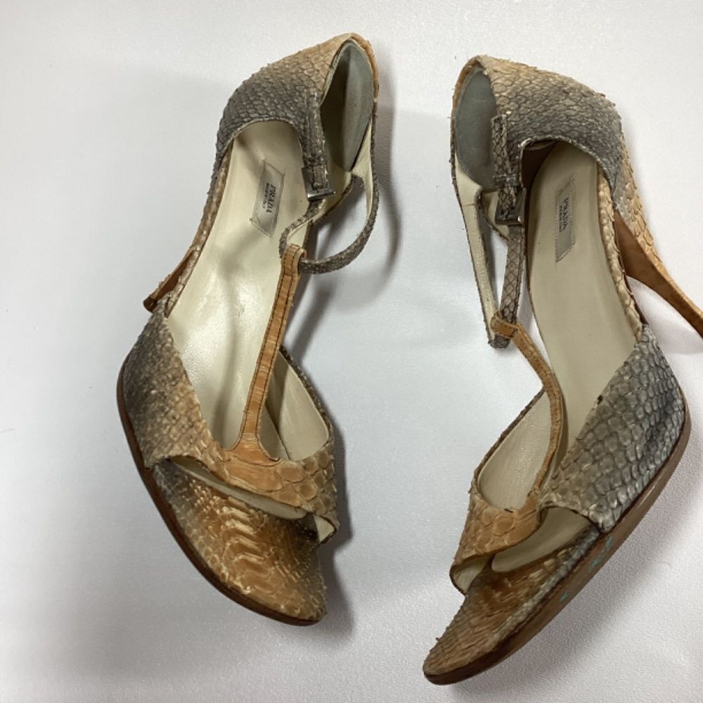 Prada Brown Tan Snakeskin T-Strap Heels - Picture 7 of 15